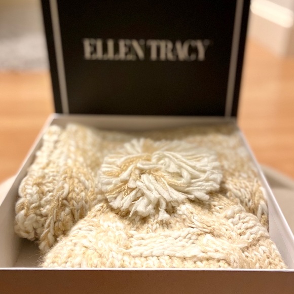 Ellen Tracy Gold,Tan&White Scarf & Pom Knit Hat - Picture 2 of 7
